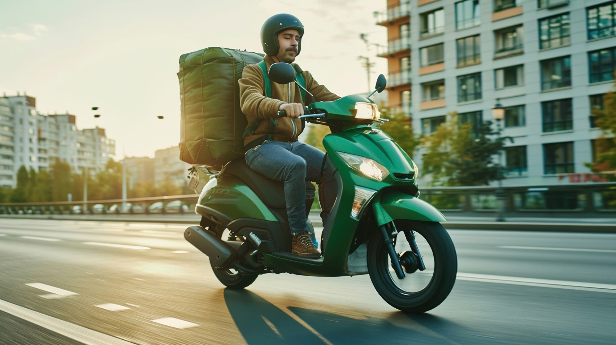 Entregador de scooter verde na avenida