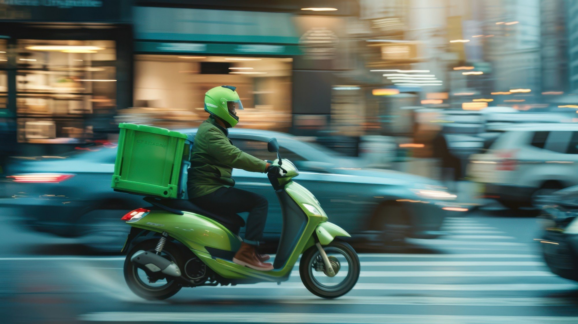 Entregador de moto na cidade, com o baú de entrega